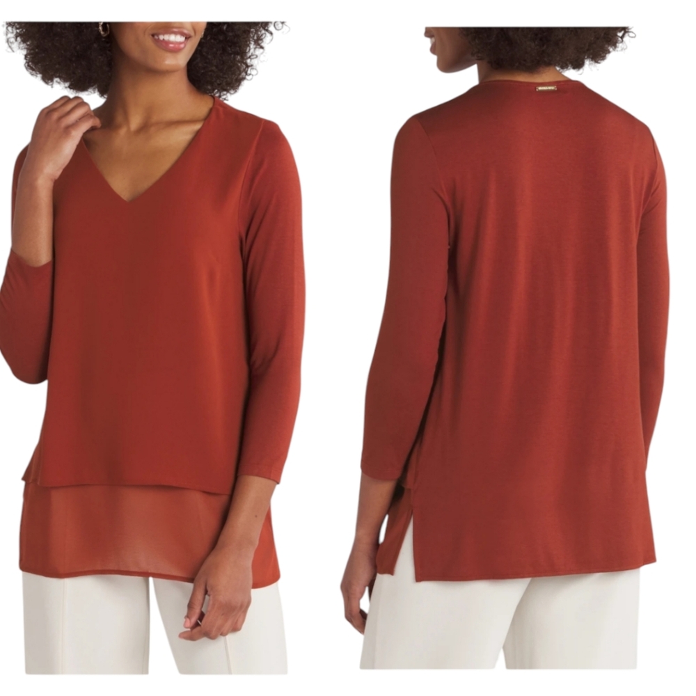 NWT MICHAEL Michael Kors Burnt Orange Layered Mixed Media Tunic Blouse Sz XS